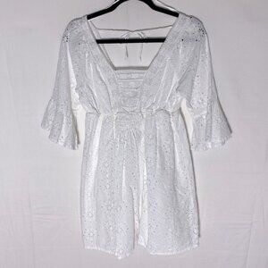 Bila-77 White Cotton  Eyelet Half Sleeve W Ruffle Trim Knee Length Dress S